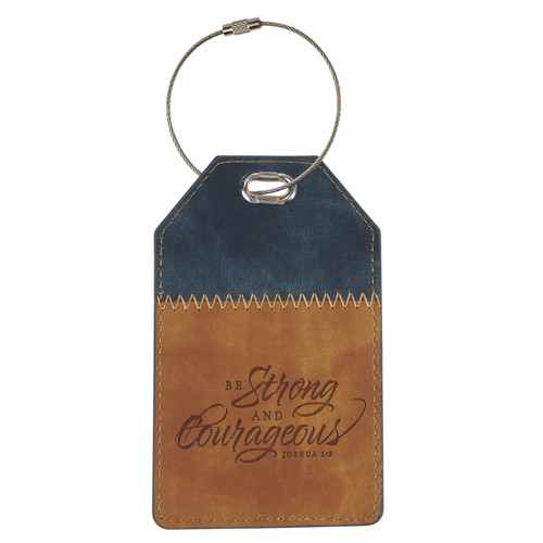 Strong and Courageous Butterscotch and Navy Faux Leather Luggage Tag - Joshua 1:9