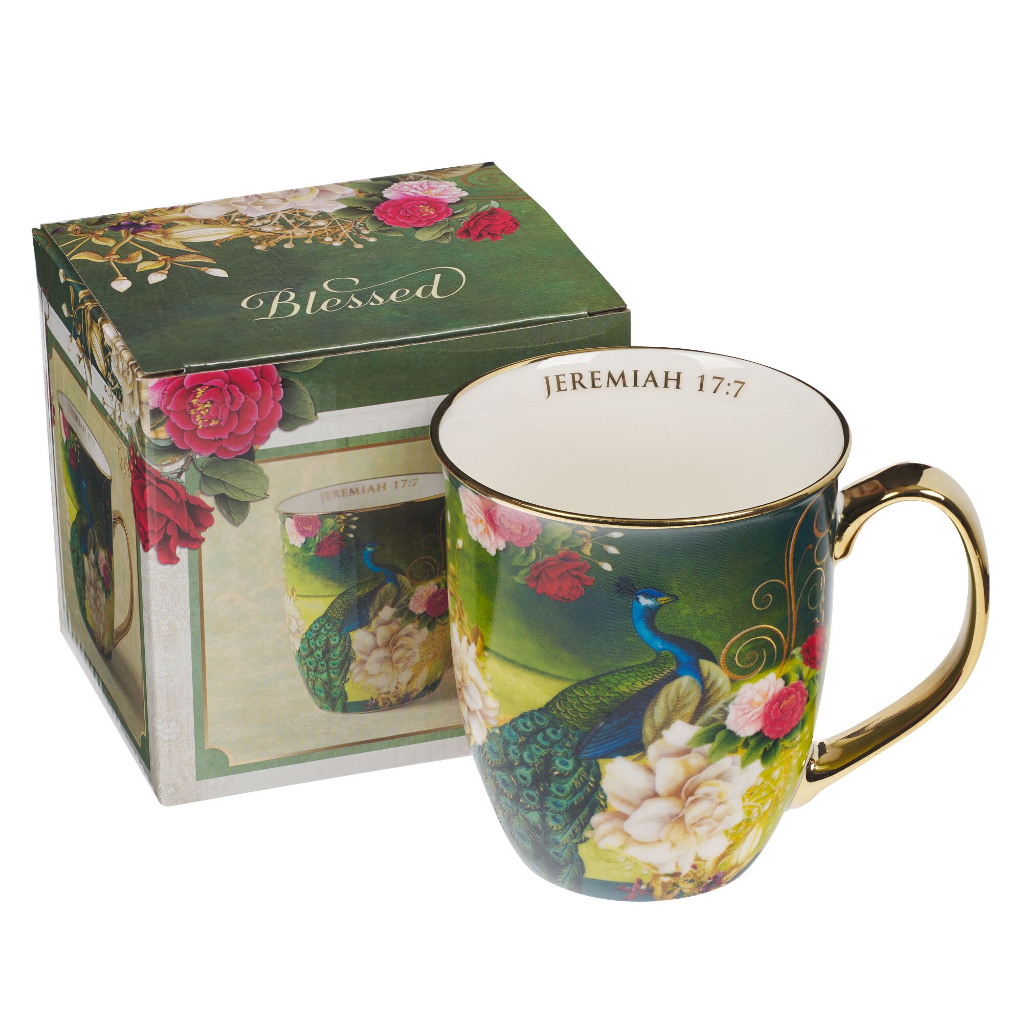 ☆レア未開封☆非売品プロモ☆ブリリアントグリーン☆Bye Bye Mr.Mug☆ Blessed Blue Peacock Ceramic Coffee Mug - Jeremiah 17:7