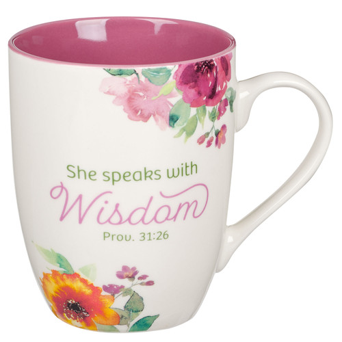 She Speaks With Wisdom Pink Floral Ceramic Coffee Mug - Proverbs 31:26