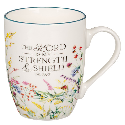 Strength and Shield Floral Meadow Ceramic Coffee Mug - Psalm 28:7