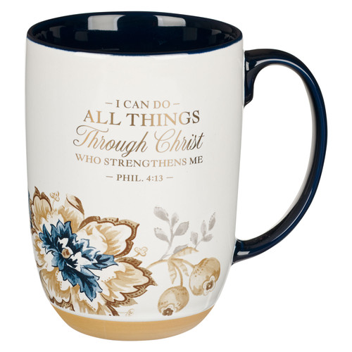 I Can Do All Things Honey-brown and Blue Ceramic Mug with Exposed Clay Base - Philippians 4:13