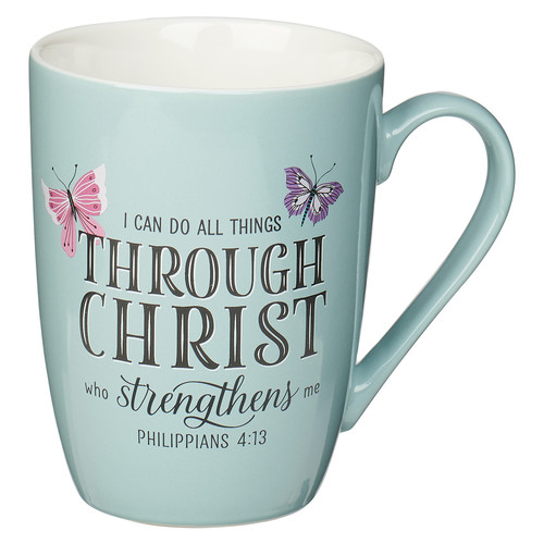 Through Christ Blue Butterfly Ceramic Coffee Mug – Philippians 3:14