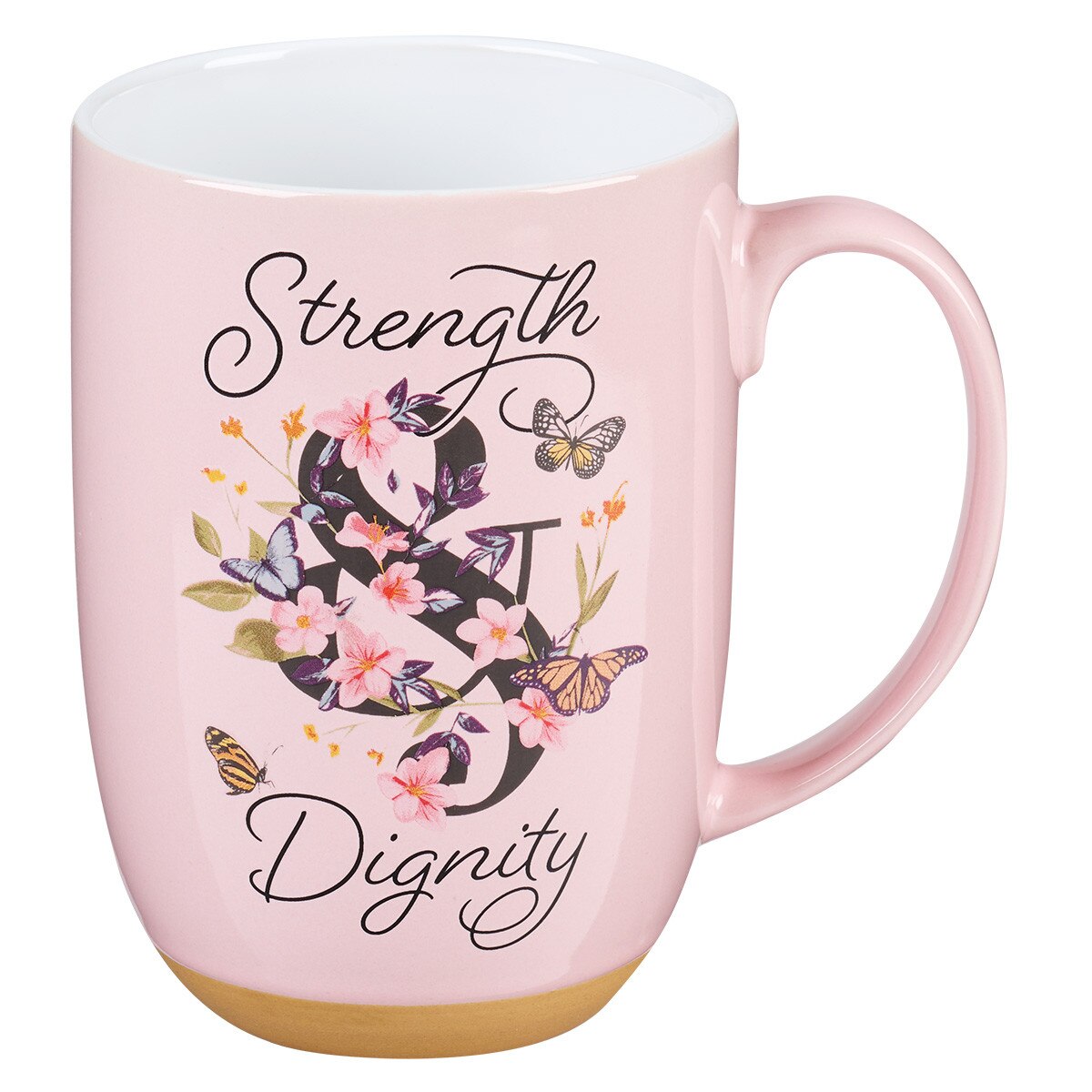 Strength and Dignity Pink Butterfly Garden Ceramic Coffee Mug with Exposed  Clay Base - Proverbs 31:25