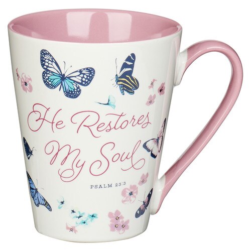 He Restores My Soul Butterfly Ceramic Coffee Mug – Psalm 23:3