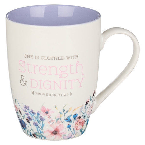 Strength & Dignity Purple Floral Ceramic Coffee Mug - Proverbs 31:25
