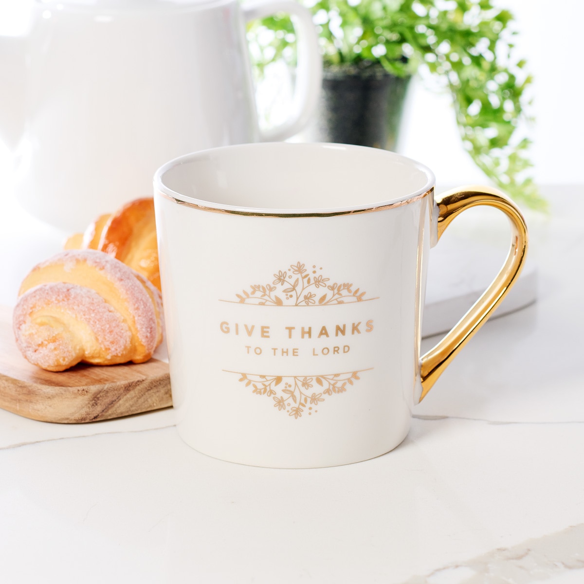Give Thanks to the LORD White and Gold Ceramic Coffee Mug - Psalm 106:1, image size:1200x1200