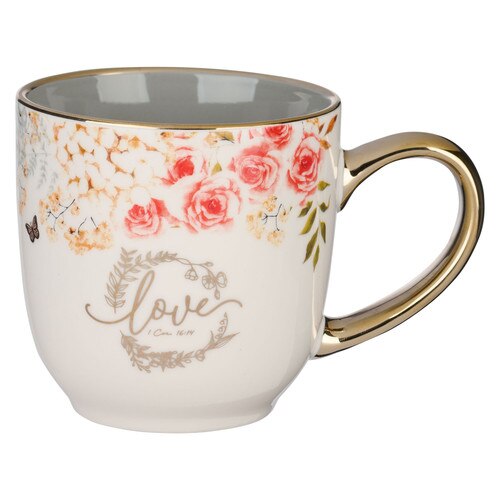 Love Red and Orange Floral Ceramic Mug - 1 Corinthians 16:14