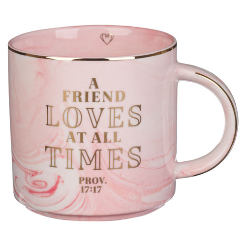 A Friend Loves At All Times Pink Marbled Ceramic Coffee Mug - Proverbs 17:17