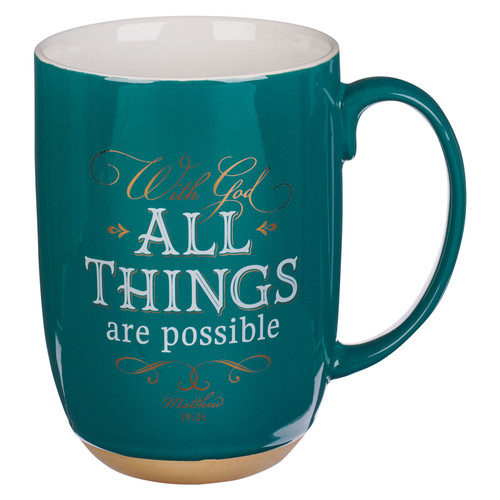 All Things are Possible Green Ceramic Coffee Mug with Exposed Clay Base - Matthew 19:26