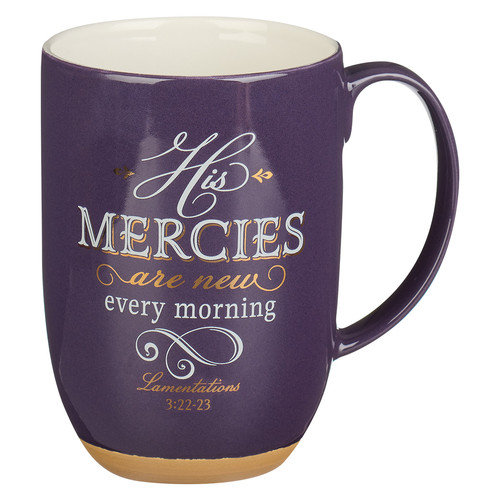 His Mercies are New Purple Ceramic Coffee Mug with Exposed Clay Base - Lamentations 3:22-23