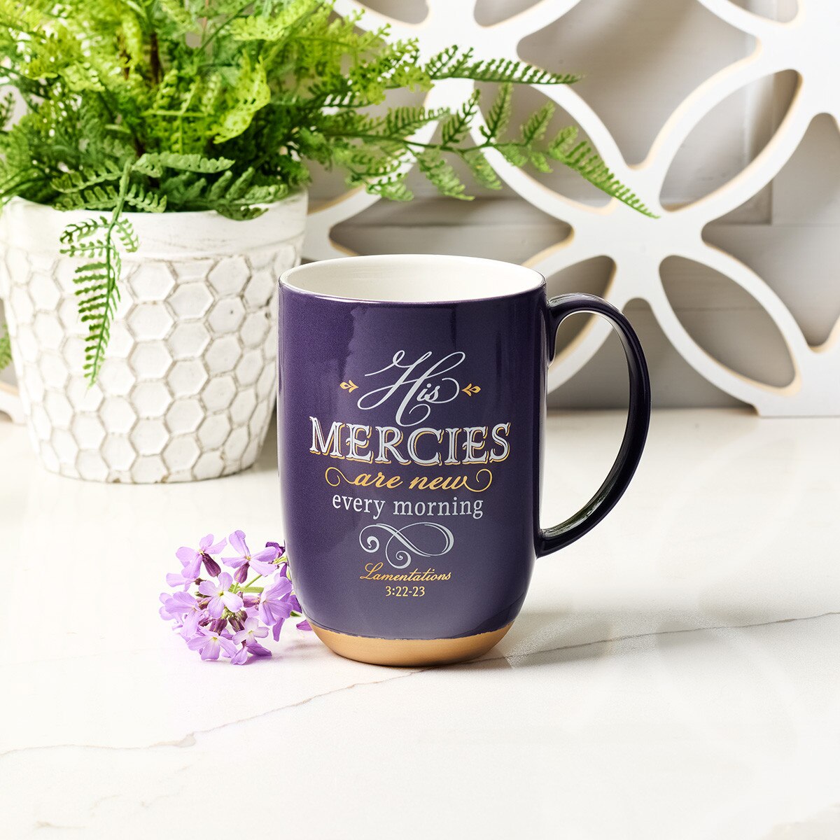 His Mercies are New Purple Ceramic Coffee Mug with Exposed Clay