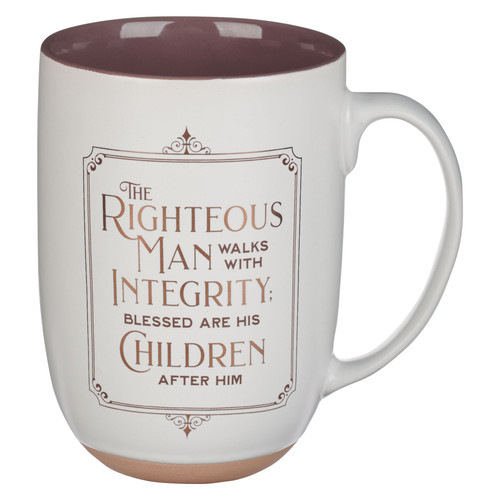 Righteous Man White and Gold Ceramic Coffee Mug with Exposed Clay Base - Proverbs 20:7
