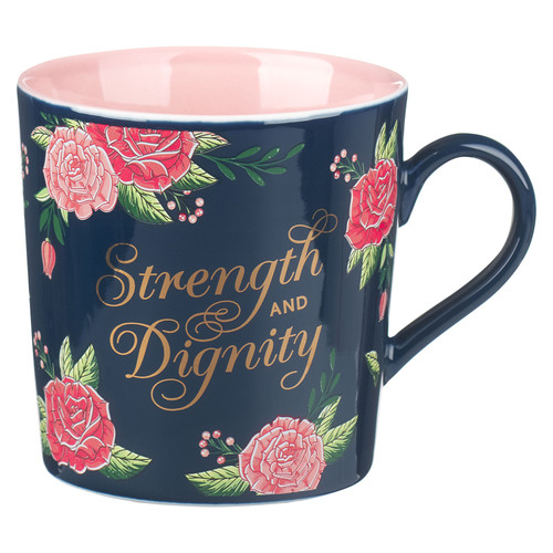 Strength and Dignity Pink Roses Ceramic Coffee Mug - Proverbs 31:25