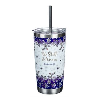 Mug SS Travel White/Navy Floral Be Still Ps. 46:10