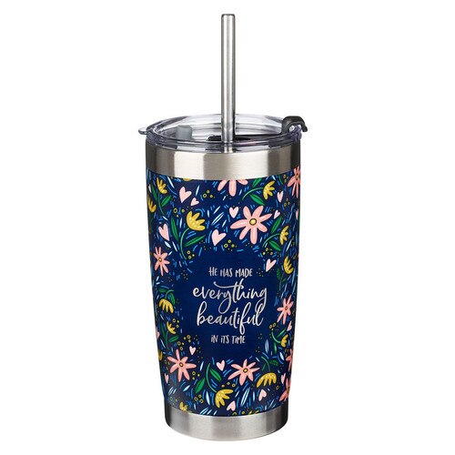 Kindness Matters Pink Cosmos Stainless Steel Travel Mug with Reusable Straw