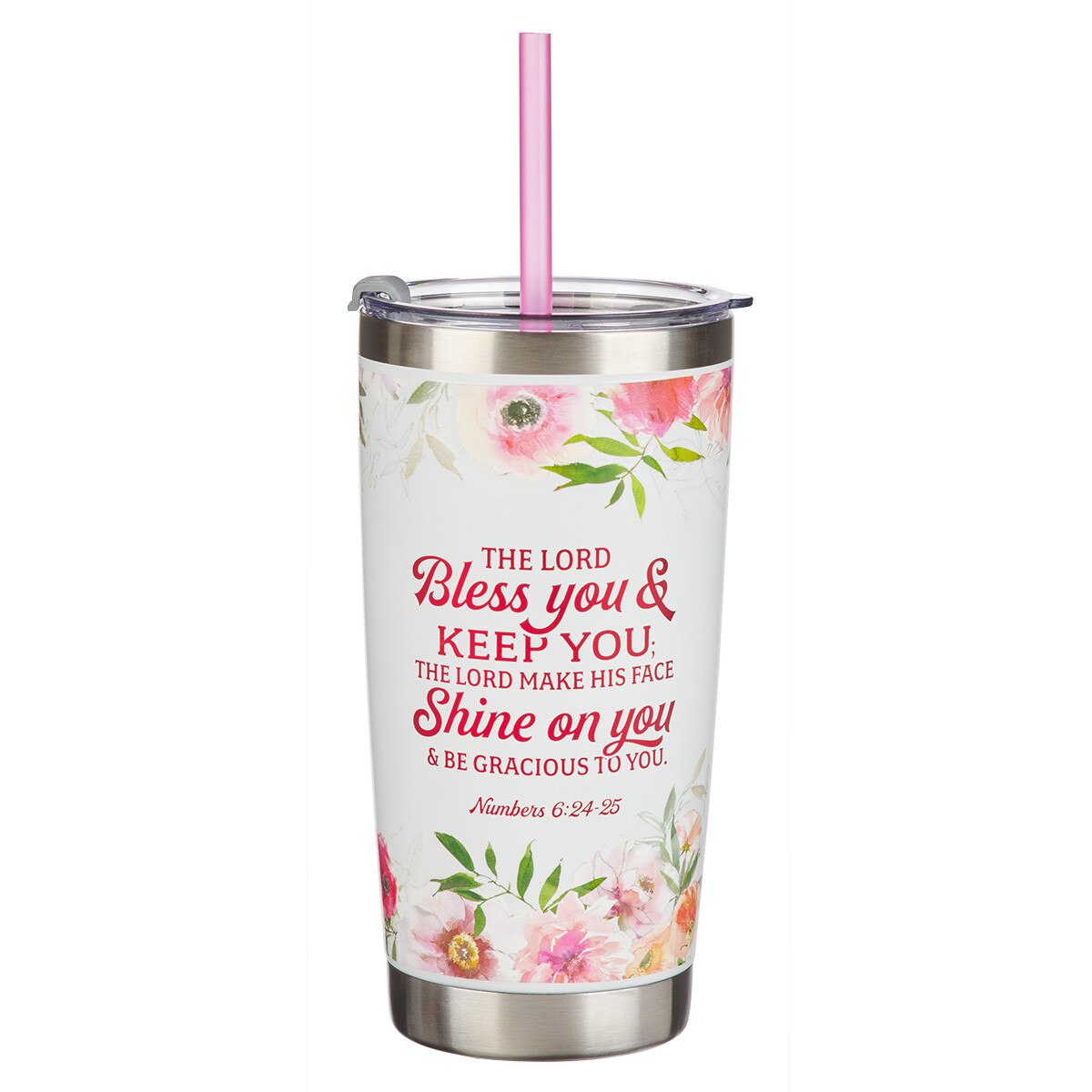 Bless You and Keep You White Floral Stainless Steel Travel Tumbler with  Straw - Numbers 6:24-25