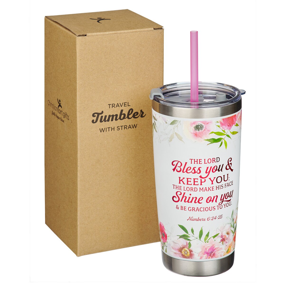 Steel Mill & Co 24 Ounce Tumbler with Lid and Reusable Straw, Floral Double Wall Insulated Travel Cup, Pink Rose