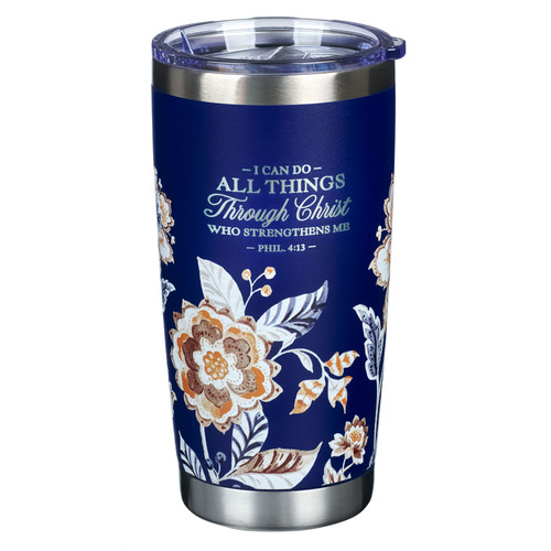 I Can Do All Things Through Christ Honey-brown and Navy Floral Stainless Steel Travel Tumbler - Philippians 4:13