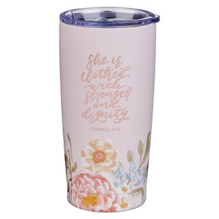Strength and Dignity Pink Floral Stainless Steel Travel Tumbler - Proverbs 31:25