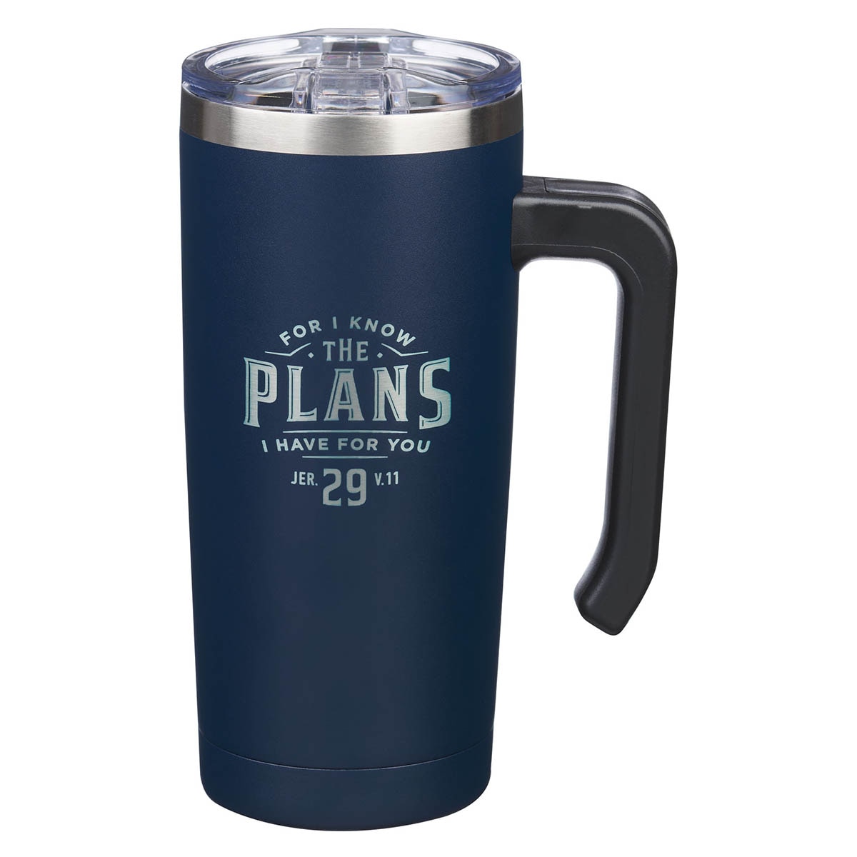 Plans Navy Stainless Steel Travel Mug with Handle Jer 29:11