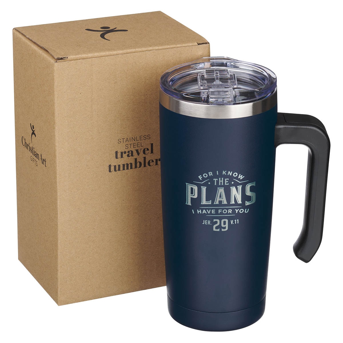 Plans Navy Stainless Steel Travel Mug with Handle Jer 29:11