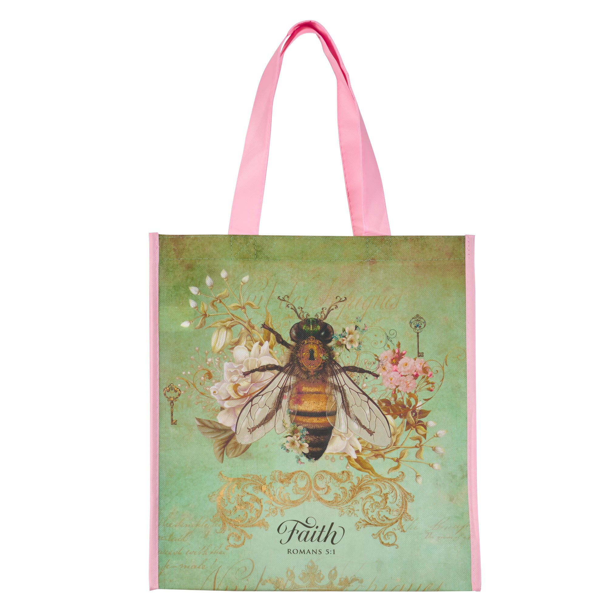Faith Bee Green Non Woven Coated Tote Bag Romans 5 1