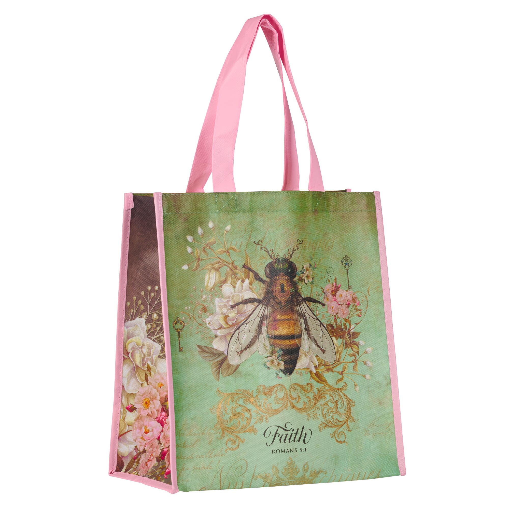 Faith Bee Green Non Woven Coated Tote Bag Romans 5 1