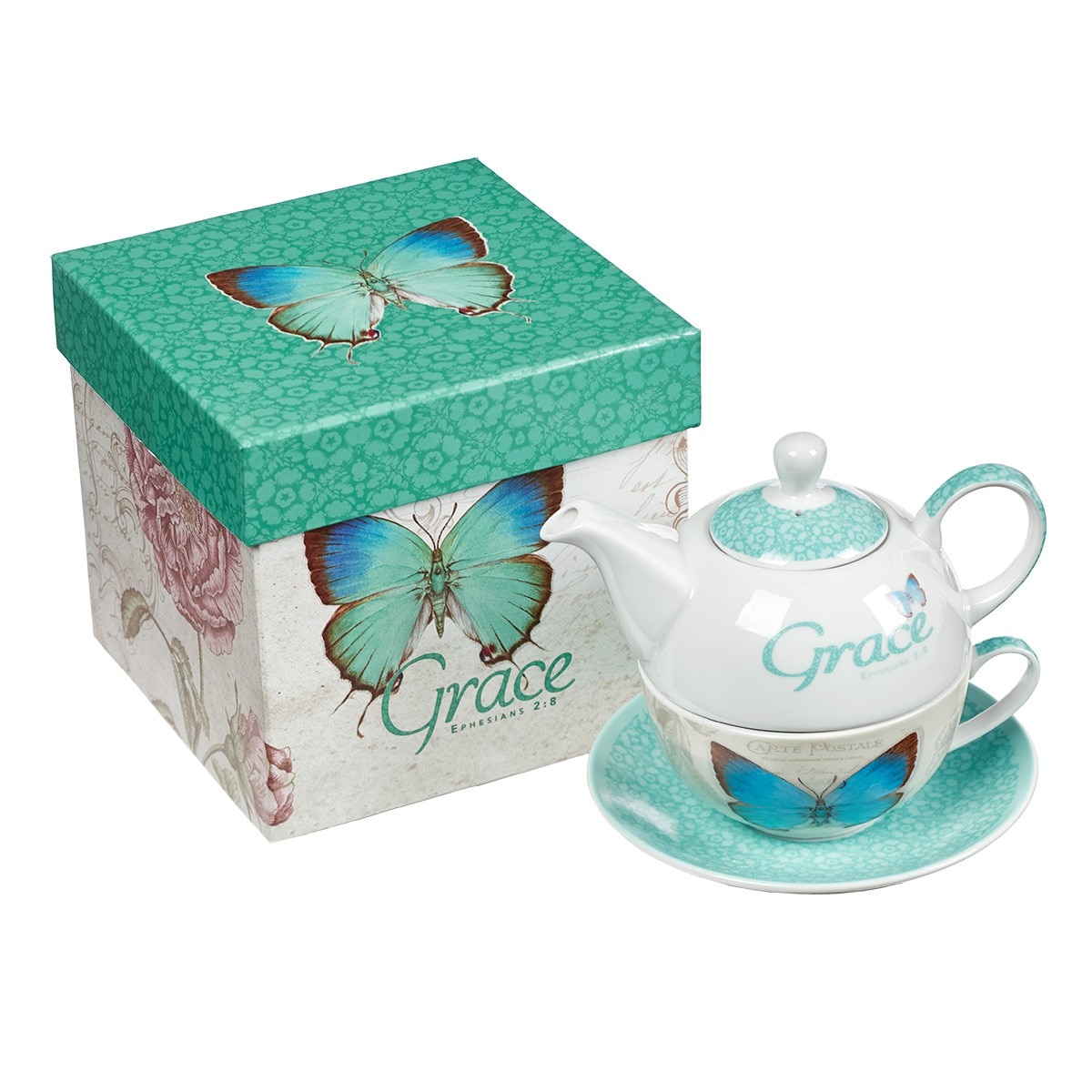 Botanic Butterfly Blessings Ceramic 4-Coffee /Tea Mug Set w/Scripture Gift Set 