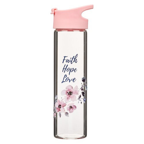 Pink Faith Hope Love Glass Water Bottle - 1 Corinthians 13:13