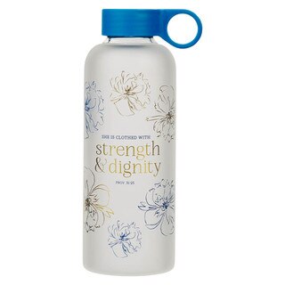 Strength and Dignity Blue Floral Glass Water Bottle - Proverbs 31:25