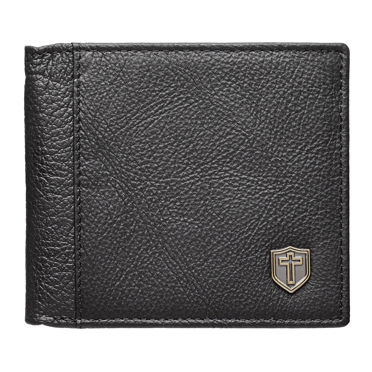 Leather Wallet Metal Cross Shield in Black