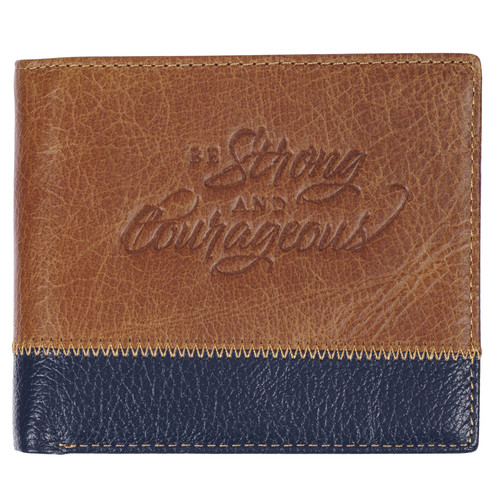 Strong and Courageous Butterscotch and Navy Genuine Leather Wallet - Joshua 1:9